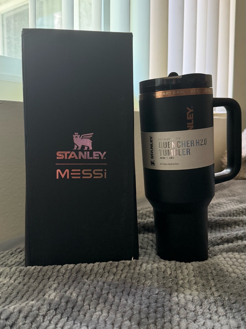 Rare Stanley x Messi Quencher H2.0 Tumbler - Black with Rose Gold Accents